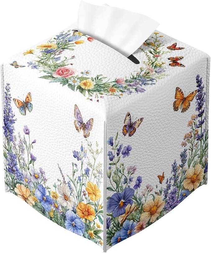 Wildflower Tissue Box Cover Colorful Spring Butterfly Garden Leather Tissue Box by Unknown