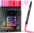 Pink Duo Tip Marker Pens, 12 Pack Fine & Brush Markers by ZSCM
