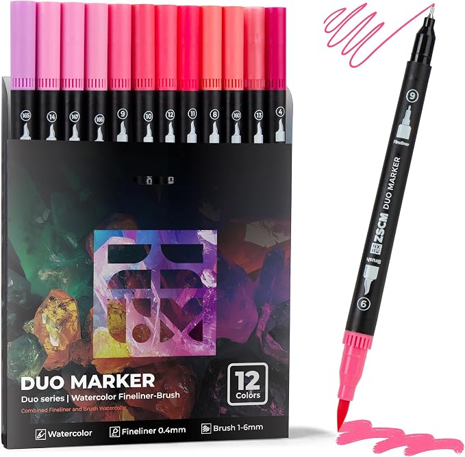 Pink Duo Tip Marker Pens, 12 Pack Fine & Brush Markers by ZSCM