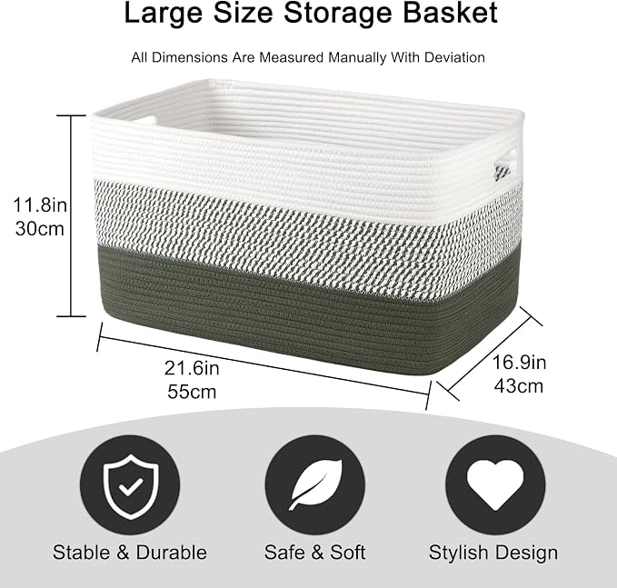 OIAHOMY Large Blanket Basket, 22”x17”x12” Rectangle Woven Baskets, Nursery - Image 3