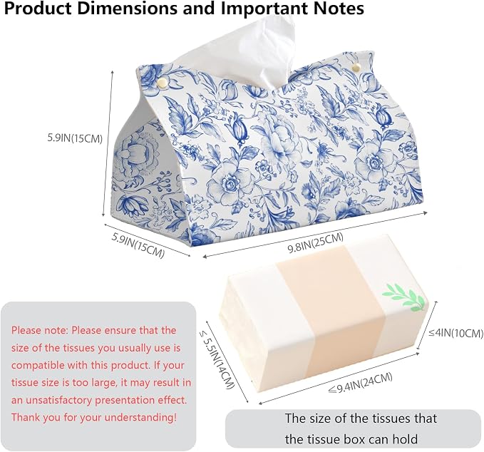 Blue Chinoiserie Tissue Box Cover Rectangle, PU Leather Decorative Facial Paper - Image 7