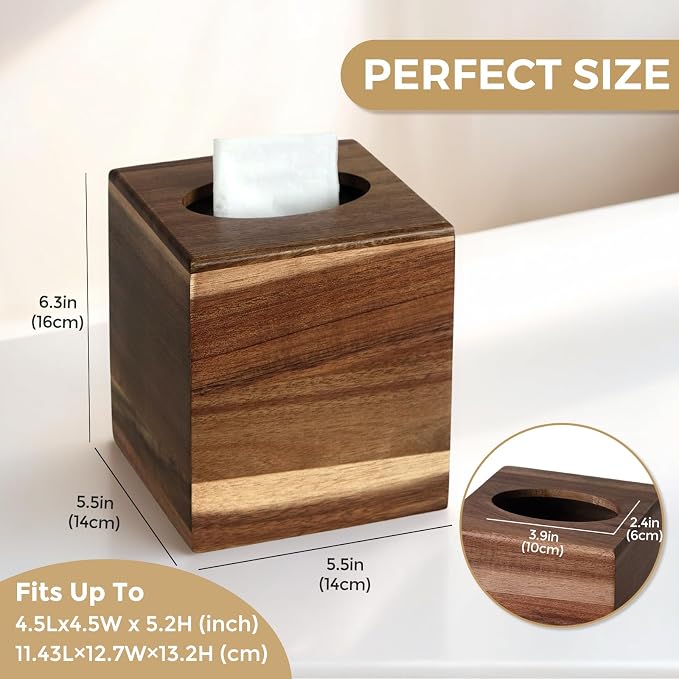 2 Pack Wood Tissue Box Cover， Acacia Wood Tissue Box Cover Square, Decorative - Image 3