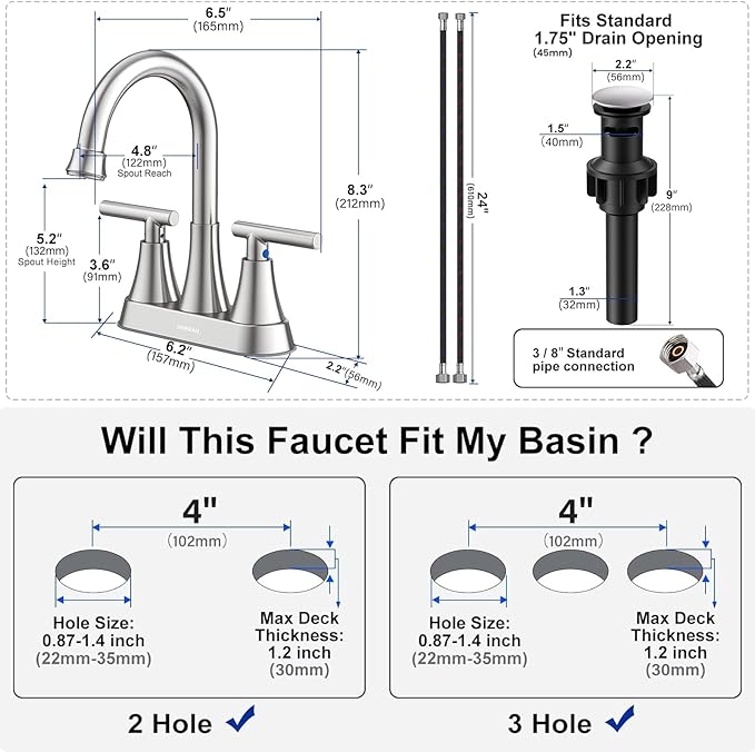 Bathroom Faucets for Sink 3 Hole, Hurran 4 inch Brushed Nickel Bathroom Sink - Image 5