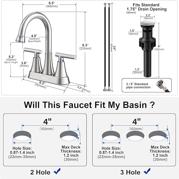 Bathroom Faucets for Sink 3 Hole, Hurran 4 inch Brushed Nickel Bathroom Sink - Image 5