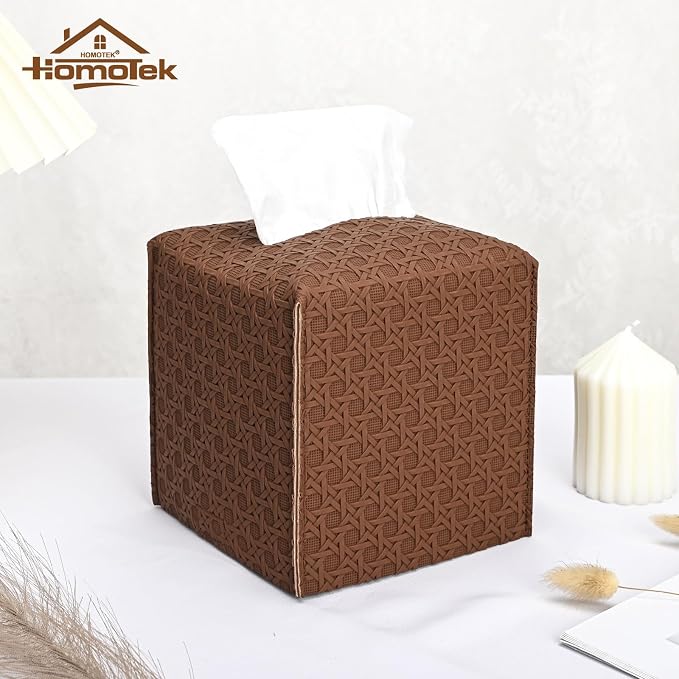 HOMOTEK 2 Pack Tissue Box Cover, Square PU Leather Tissue Holder, Decorative - Image 3
