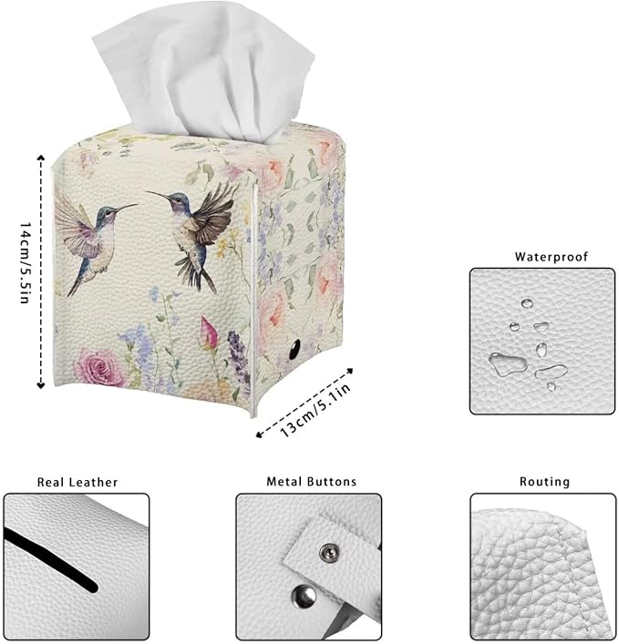Bird Flowers Minimalist Tissue Box Holder, Square PU Leather Napkin Organizer - Image 7