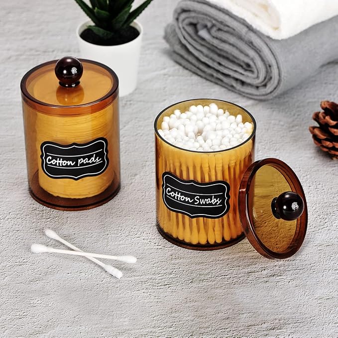 SheeChung 4-Pack Amber Acrylic Apothecary Jars - 15oz & 12oz Qtip Holder Set - - Image 3