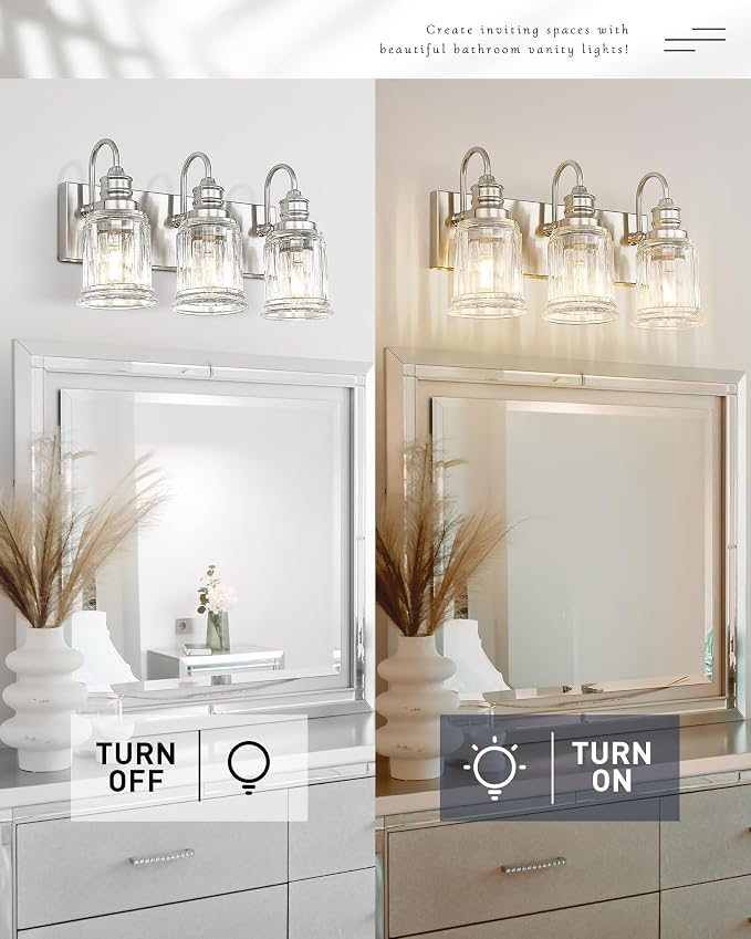 Bathroom Light Fixture, HWH 3-Light Vanity Light Brushed Nickel Modern Bathroom - Image 5