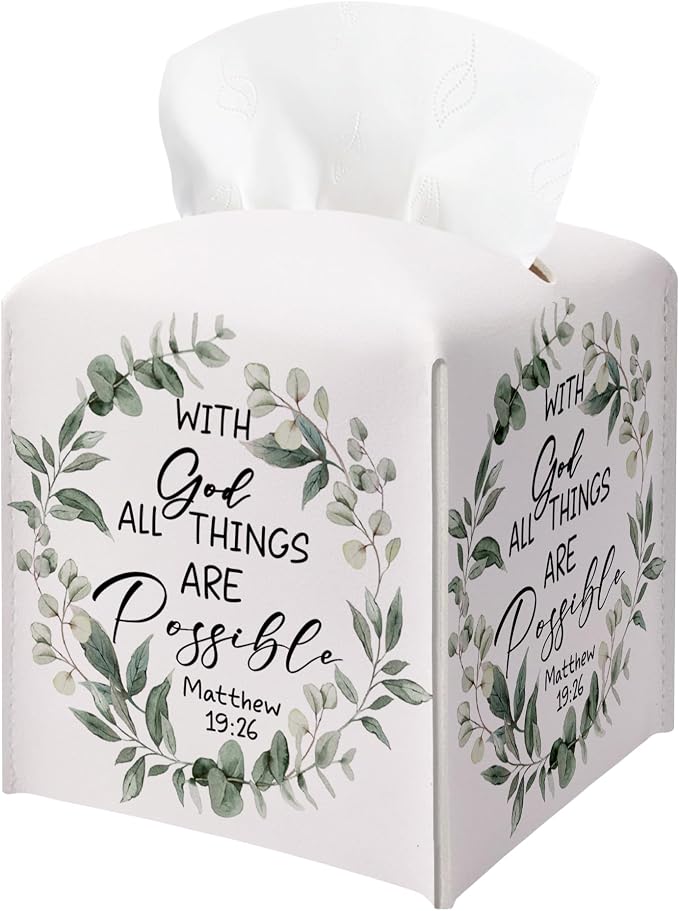Eucalyptus Bible Verse Tissue Box Cover, PU Leather Drawstring Bottom by BGFMVS