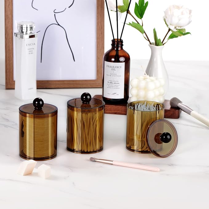 SheeChung 4-Pack Amber Acrylic Apothecary Jars - 10oz & 12oz Qtip Holder Set - - Image 3