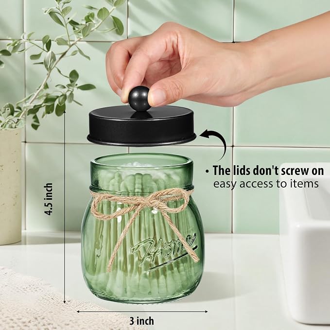 SheeChung Green Glass Qtip Holder Dispenser, Mason Jar Apothecary Jars - Image 3