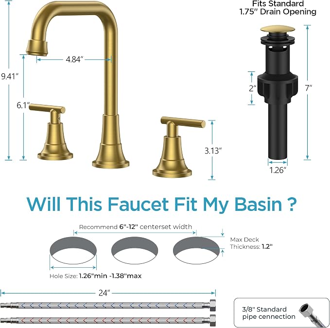 FORIOUS 3 Hole 8 Inch Widespread Bathroom Faucet in Brushed Gold - Image 2