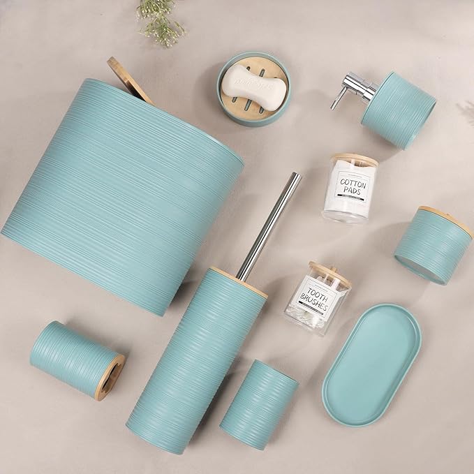 IMAVO Blue Bathroom Set, Trash Can, Soap Dispenser, Soap Dish, Toothbrush Holder - Image 2