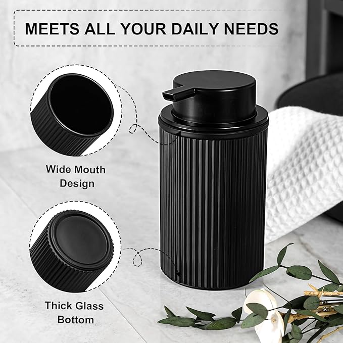 Matte Black Foaming Soap Dispenser, 2 Pack Ribbed Glass Foam Hand Soap Dispenser - Image 4