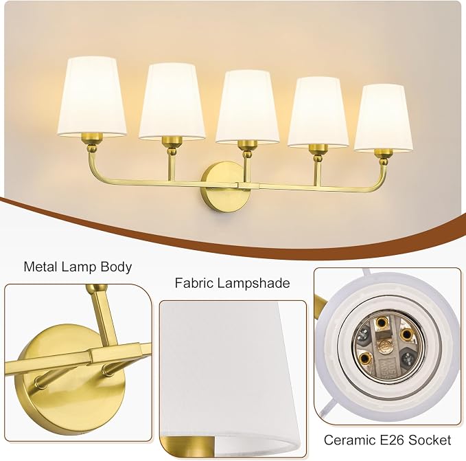 Bathroom Vanity Light, Brushed Gold Bathroom Light Fixtures, 5-Light Lighting - Image 8