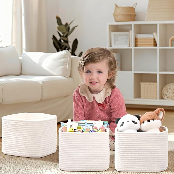 3 Pack Cube Storage Bin, 9”x9”x7” Cotton Rope Woven Baskets - Image 2