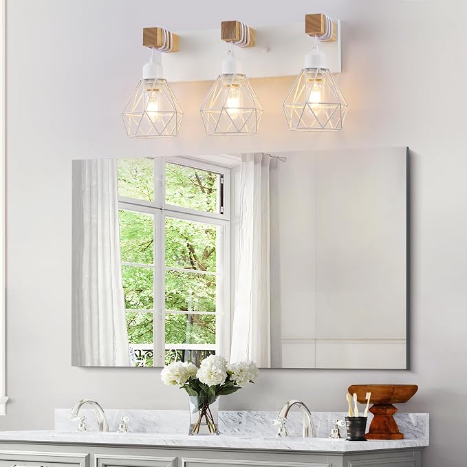 White Bathroom Vanity Light Fixtures, 3-Light Wood Bathroom Light Fixtures Over - Image 2