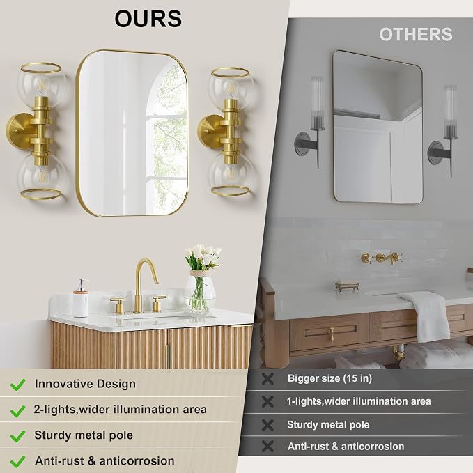 Bathroom Sconces Set of Two, Brushed Gold Wall Sconces - Image 6