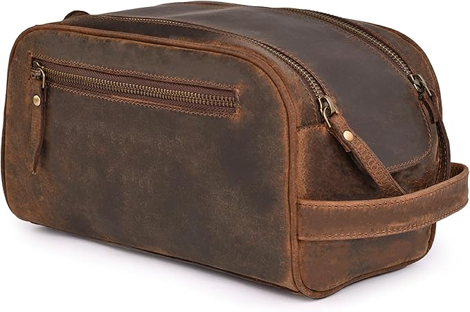 King-Size Premium Leather Toiletry Travel Pouch – Handcrafted Vintage Dopp Kit by DHAMPOOH