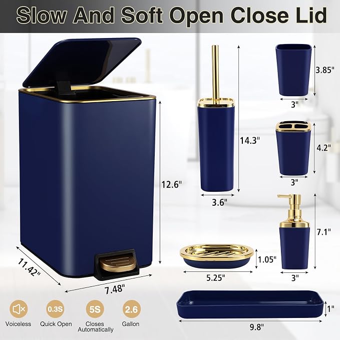 Navy Blue Bathroom Accessories Set 8 Piece Navy Blue and Gold Bathroom Set - Image 6