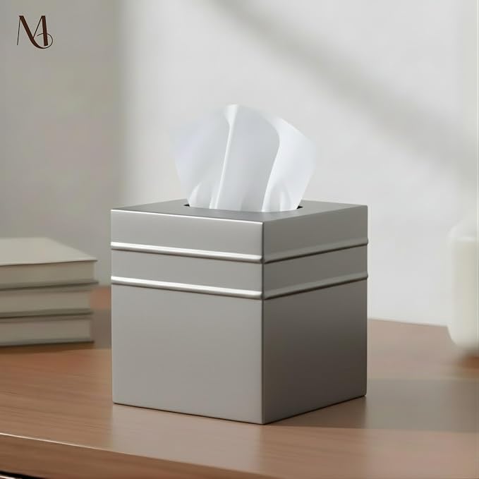 Monarch Abode Tissue Box Cover Square – Handcrafted Border Embossed Pewter - Image 2