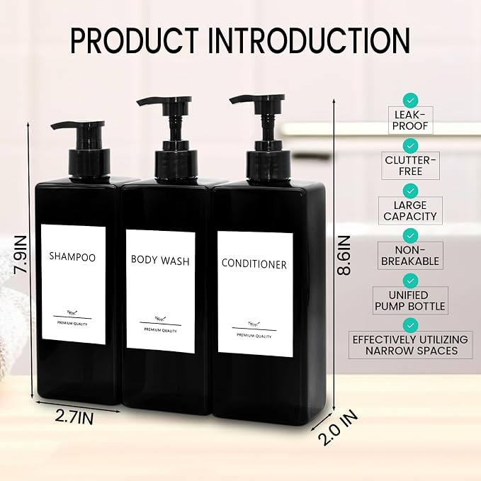 Shampoo and Conditioner Dispenser Set, 500ml Soap Dispenser 16.9oz Shower - Image 3