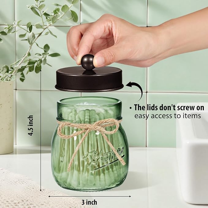 SheeChung Green Glass Qtip Holder Dispenser, Mason Jar Apothecary Jars - Image 3
