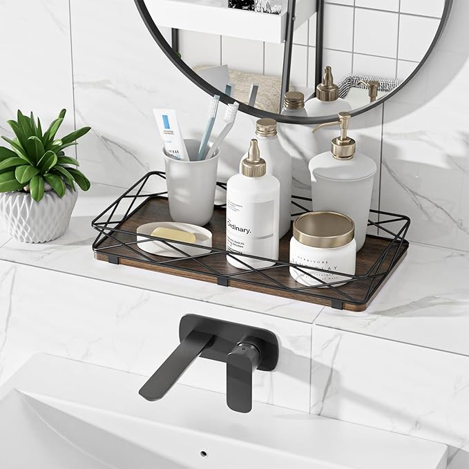 Toilet Paper Basket Holder, Wood and Metal Toilet Tray Vanity Organizer - Image 4