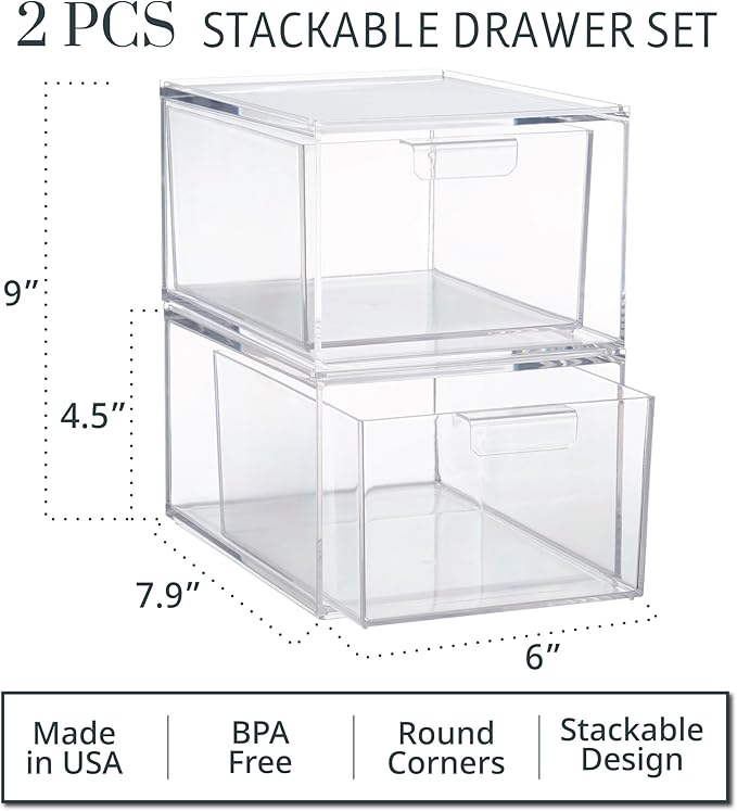 STORi Audrey Stackable Clear Bin Plastic Organizer Drawers | 2 Piece Set | - Image 3