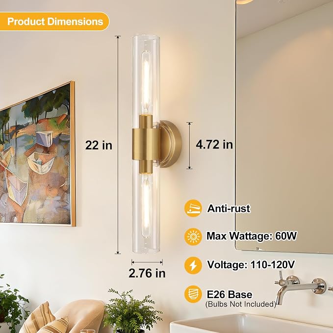 Wall Sconces Set of Two, Brushed Gold Bathroom Sconces Wall Lighting - Image 7