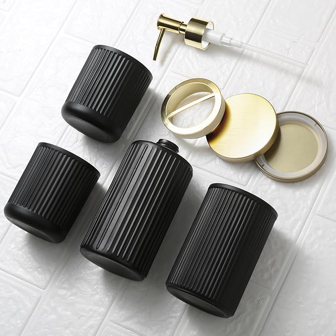 Matte Black and Gold Bathroom Accessories Set, 4 Pack Glass Bath Accessory Sets - Image 7