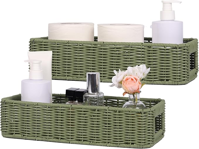 Small Resin Wicker Basket: Waterproof Sage Green Vanity Organizer 2-Pack by UPINFREE