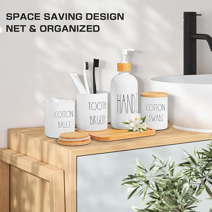 White Bathroom Accessories, Soap Dispenser and Toothbrush Holder Set, Qtip and - Image 7