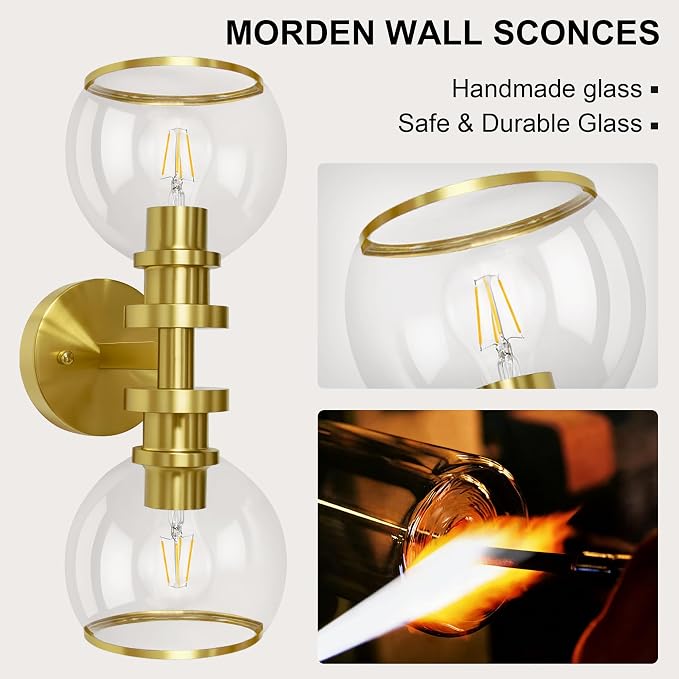 Bathroom Sconces Set of Two, Brushed Gold Wall Sconces - Image 3