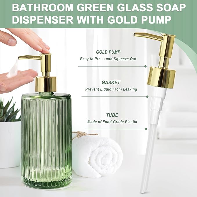 Green Glass Bathroom Accessories 4 Pcs, Soap Dispenser and Toothbrush Holder Set - Image 3