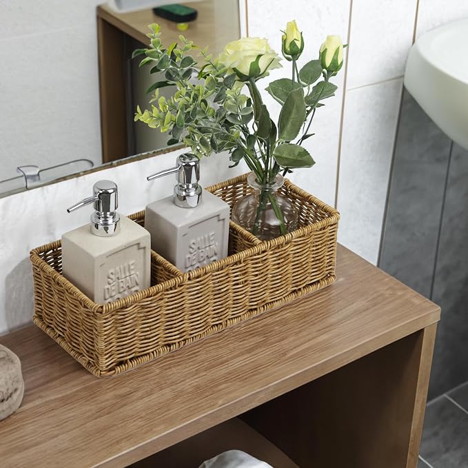 Waterproof Wicker Basket With 3 Compartments, Hand Woven Bathroom Counter - Image 4
