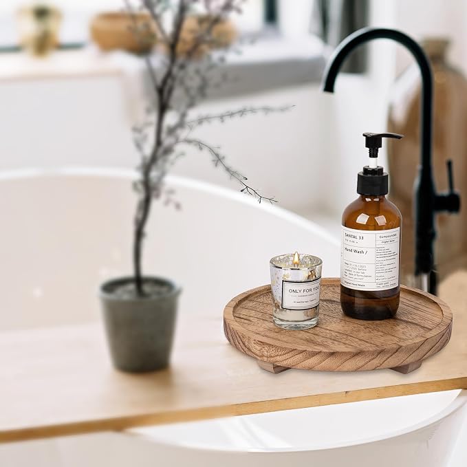 Round Decorative Tray Wood Bathroom Counter Organizer Farmhouse Kitchen Decor - Image 5