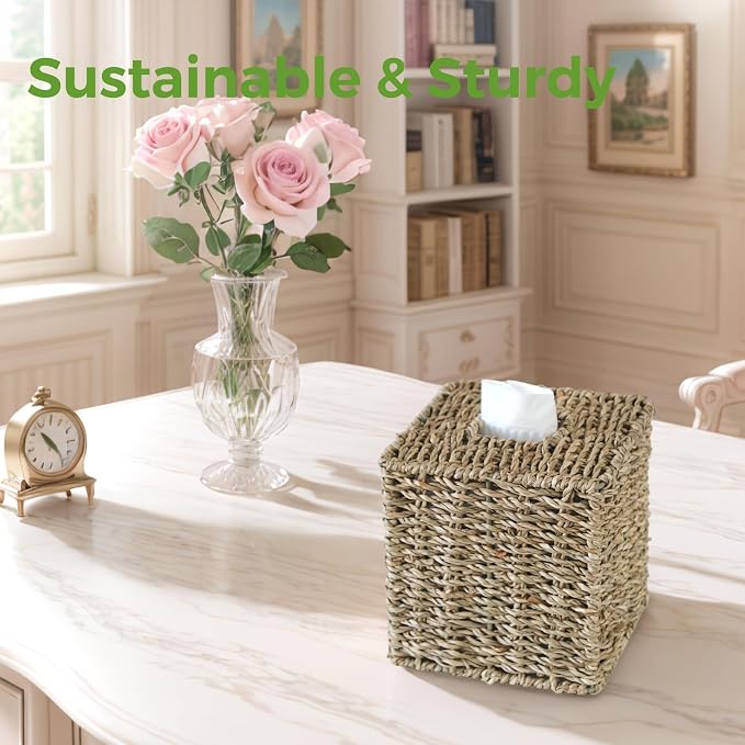 Seagrass Tissue Box Cover, Wicker Tissue Box Holder Square, Hand Woven Cube - Image 7