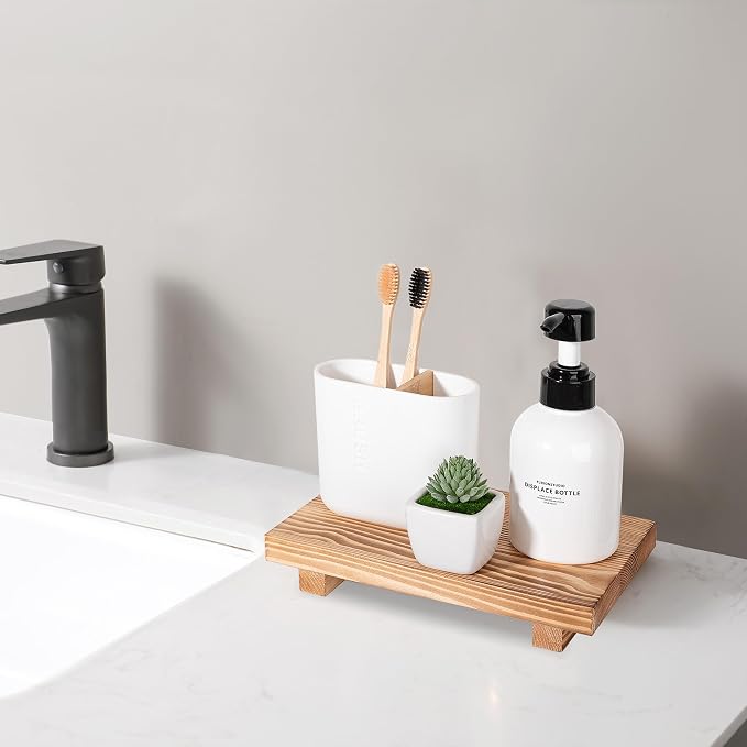 Bathroom Counter Organizer Wood Pedestal Stand Farmhouse Decorative Tray Soap - Image 3