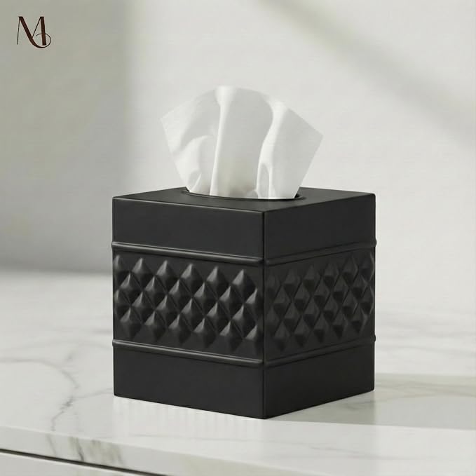 Monarch Abode Tissue Box Cover Square – Handcrafted Geo Embossed Black Metal - Image 5