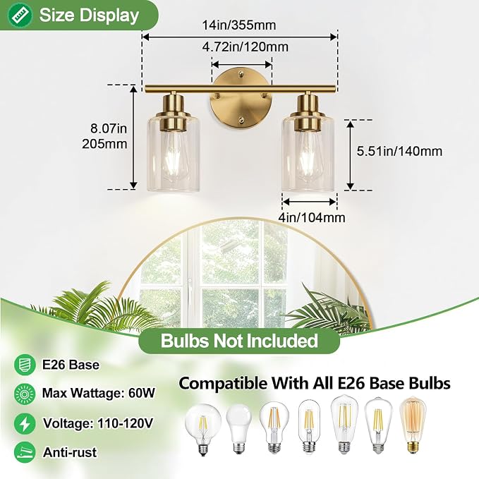 2-Light Bathroom Light Fixtures, Brushed Gold Vanity Light, Modern Vanity Lights - Image 8