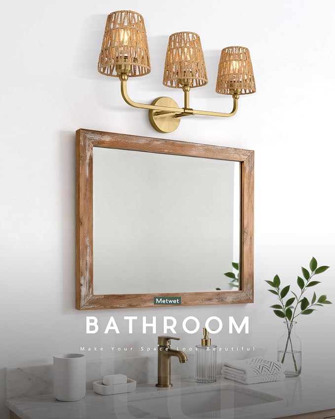 3-Light Bathroom Light Fixtures, Brushed Gold Rattan Vanity Lights - Image 4