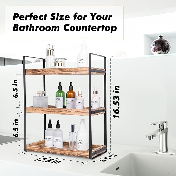 3-Tier Countertop Organizer for Bathroom Counter Stylish Wood Bathroom Vanity - Image 3
