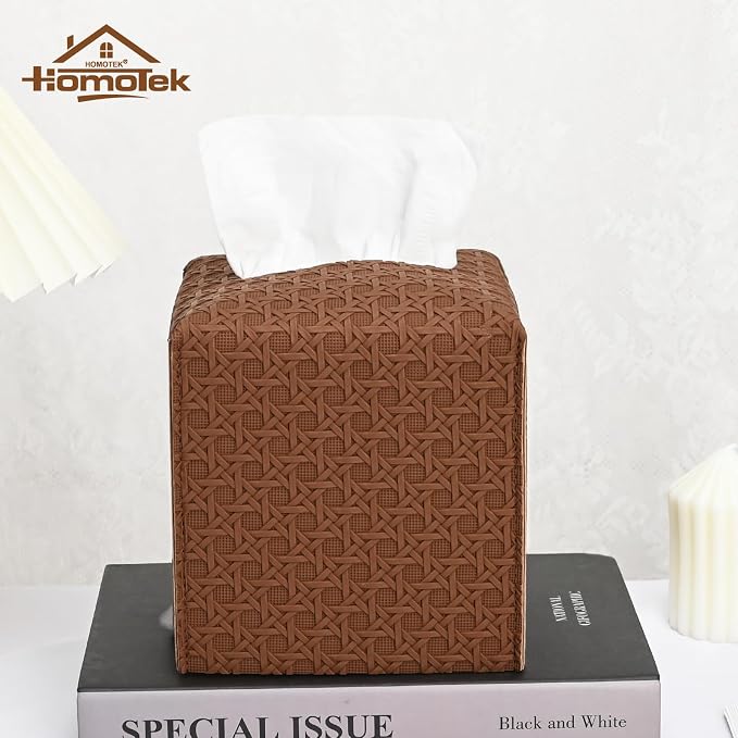 HOMOTEK 2 Pack Tissue Box Cover, Square PU Leather Tissue Holder, Decorative - Image 5