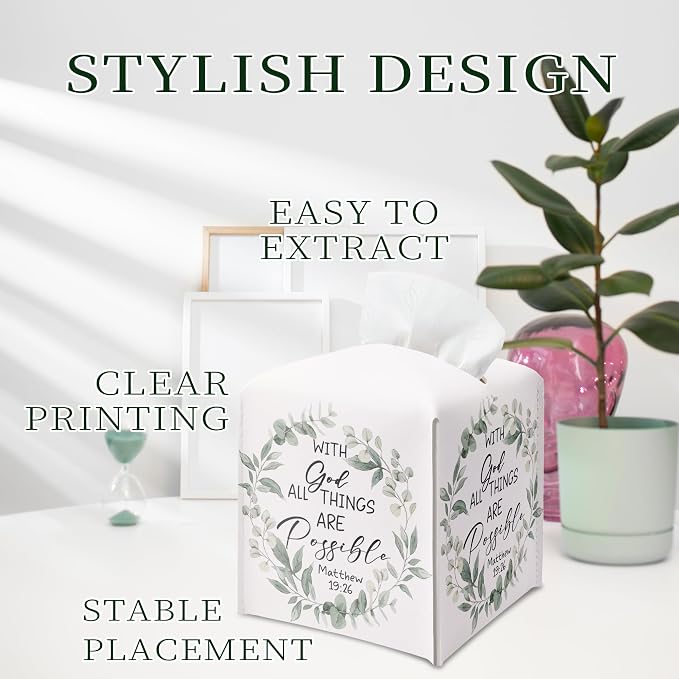 Eucalyptus Bible Verse Tissue Box Cover, PU Leather Drawstring Bottom - Image 5
