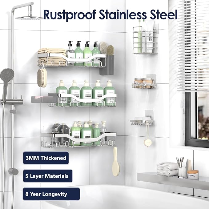 Shower Caddy Adhesive Shower Organizer 8-Pack, Rustproof Stainless Steel - Image 5