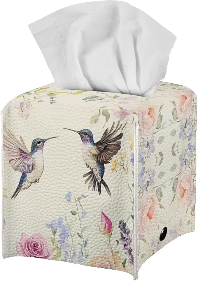 Bird Flowers Minimalist Tissue Box Holder, Square PU Leather Napkin Organizer - Image 2
