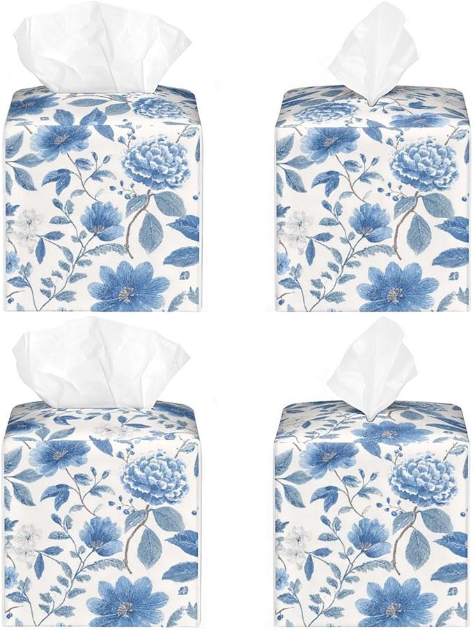 Floral Tissue Box Cover Blue Leather Tissue Box Holder Square Facial Paper - Image 4
