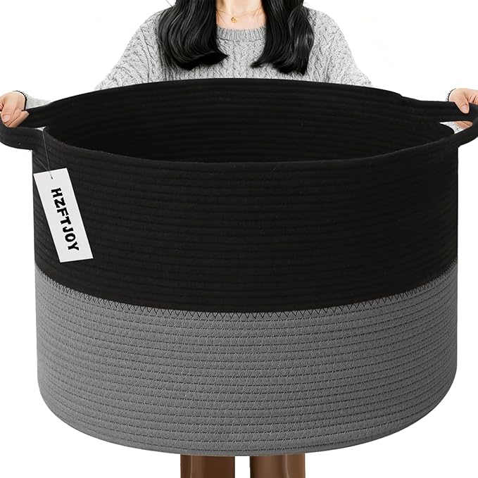 65L Large Blanket Basket, 19.7" L x 19.7" W x 13" H Rope Woven Baskets by HZFTJOY