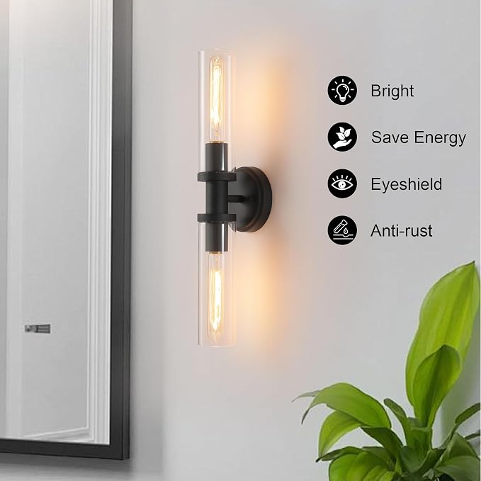 Wall Sconces Set of Two, Matte Black Bathroom Sconces Wall Lighting - Image 7